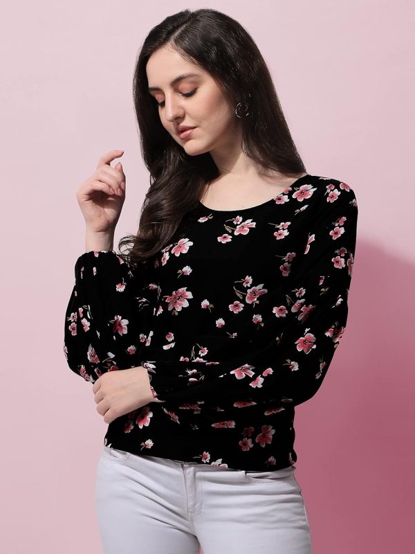 ⁦Oomph! Floral Print Blouson Top in Crepe Fabric with Round Neck and Full Sleeve⁩ - الصورة ⁦4⁩