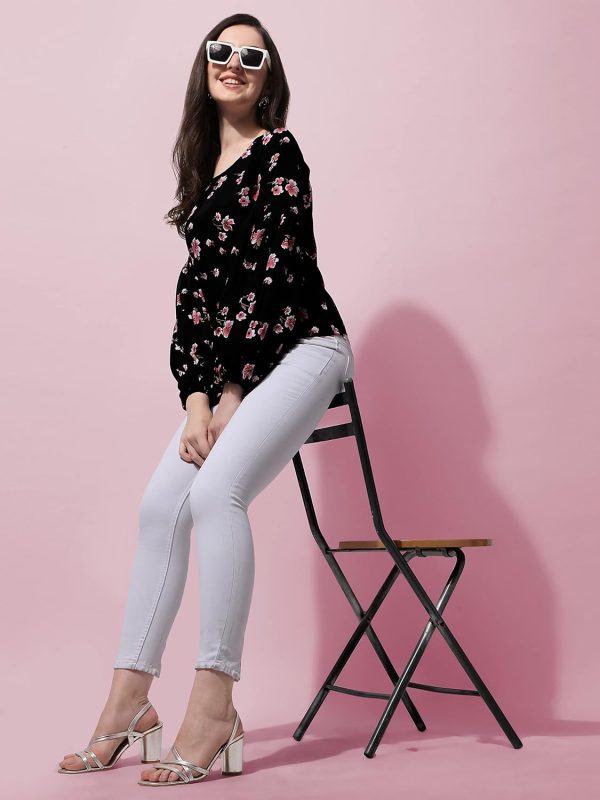 ⁦Oomph! Floral Print Blouson Top in Crepe Fabric with Round Neck and Full Sleeve⁩ - الصورة ⁦6⁩