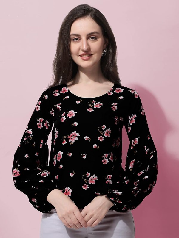 ⁦Oomph! Floral Print Blouson Top in Crepe Fabric with Round Neck and Full Sleeve⁩ - الصورة ⁦7⁩