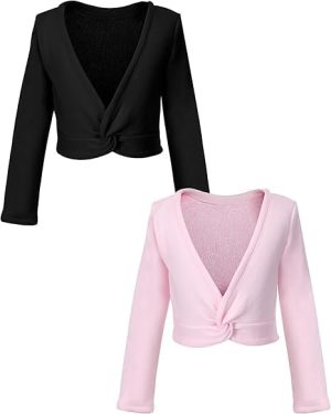 NALACAL 2pcs Girls Ballet Wrap Tops, Long Sleeve Velvet Cardigan Shawl and Dance Sweater – Bodysuit Cover-Up for Autumn and Winter, Suitable for 3-13 Years (Pink & Black, 110cm)