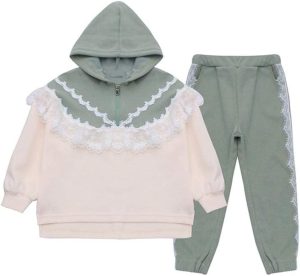 Girls 2 Pieces Sweatshirts,Lace Splicing Cotton Clothing Athletic Set,Long Sleeve Hooded Top and Ength Pants.(7-8 Years/Gray Green)