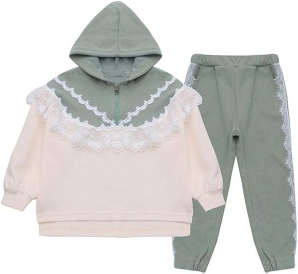 Girls 2 Pieces Sweatshirts,Lace Splicing Cotton Clothing Athletic Set,Long Sleeve Hooded Top and Ength Pants.(7-8 Years/Gray Green)