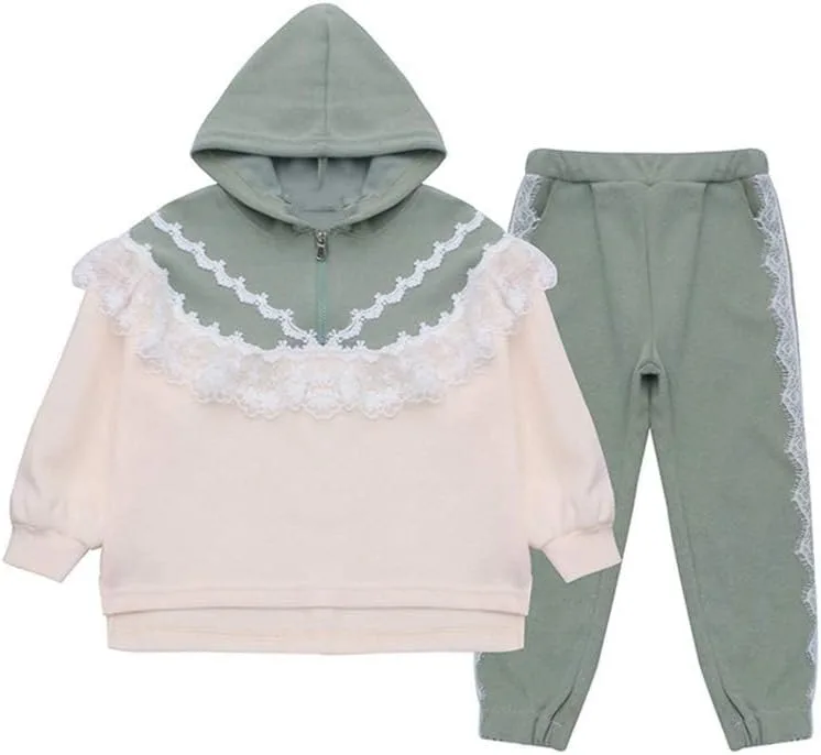 Girls 2 Pieces Sweatshirts,Lace Splicing Cotton Clothing Athletic Set,Long Sleeve Hooded Top and Ength Pants.(7-8 Years/Gray Green)