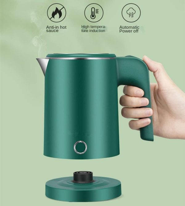 ⁦Small Electric Kettle Stainless Steel, 0.6L Portable Travel Kettle with Double Wall Construction, Mini Hot Water Boiler Heater, Electric Tea Kettle for Business Trip, Camping, Travel, Office (Green)⁩ - الصورة ⁦5⁩