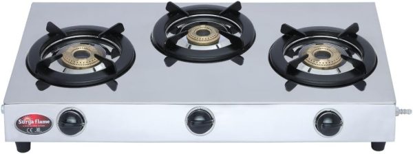 Surya Flame LPG Gas Stove 3 Burner Stainless steel Triplecook Cooktop With BIS Certified Doorstep Warranty 2 Years (Silver)