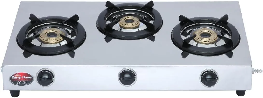 Surya Flame LPG Gas Stove 3 Burner Stainless steel Triplecook Cooktop With BIS Certified Doorstep Warranty 2 Years (Silver)