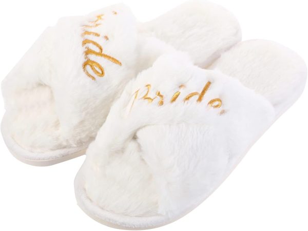 ⁦Fabstory Bride Slippers for Wedding Day White Fuzzy Slippers for Bachelorette Party Bridal Shower Gifts⁩ - الصورة ⁦2⁩