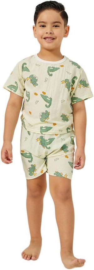 طقم بيجامة للاولاد مطبوع عليه رسومات ورقبة دائرية وشورت من ستايلي