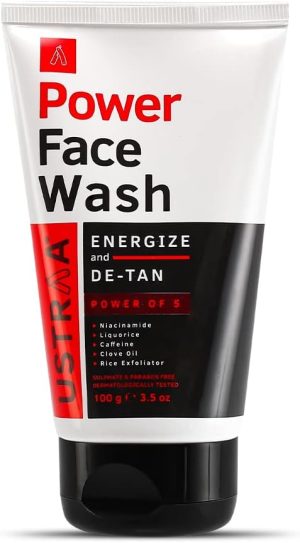 Ustraa Power Face Wash - 100g - Energize and De-Tan | Dermatologicallyl Tested | Effective Tan Removal | Removes Dead Skin, Brightens Skin, Refresh & Recharge, NO SLS, No Paraben