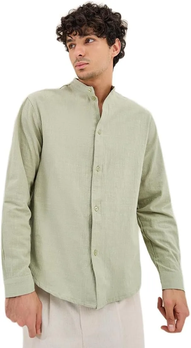 Styli Men's Plain Linen Blend Relaxed Fit Shirt