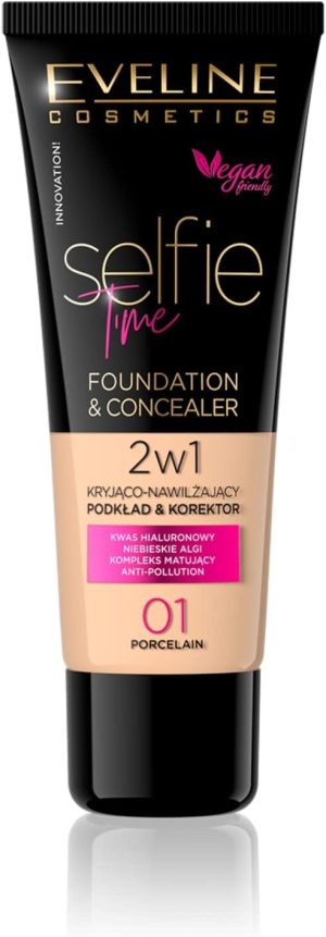 Eveline Cosmetics Selfie Time Moisturising Foundation & Concealer No. 01 Porcelain - Buildable Coverage, Hyaluronic Acid & Vitamin E, Anti-Pollution Formula, 30 ml