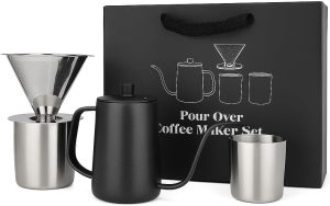 طقم فاخر أدوات v60 عدد 4 قطع غلاية ستيل معكوفة, فلتر دائم ستيل 304, كوبين ستيل عازلة للحراره