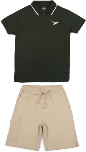 Deniklo Boys' Polo T-Shirt & Shorts Set 100% Cotton Bio-Washed Fabric