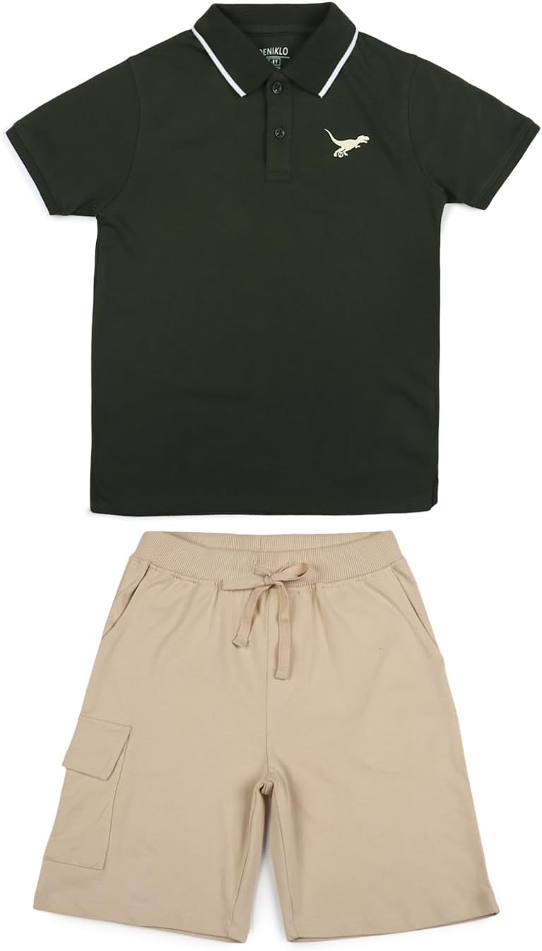 Deniklo Boys' Polo T-Shirt & Shorts Set 100% Cotton Bio-Washed Fabric 1 Deniklo Boys' Polo T-Shirt & Shorts Set 100% Cotton Bio-Washed Fabric