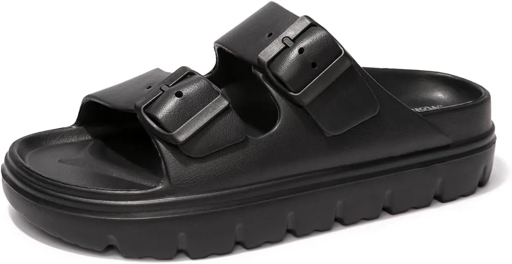 FUNKYMONKEY Women's Comfort Slides Double Buckle Adjustable EVA Flat Sandals