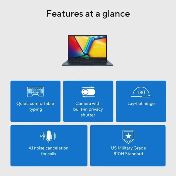 ⁦ASUS Vivobook 14(2025), 14", FHD Slim Laptop, Intel 13th Core i5-1334U, UHD Graphics, Privacy Camera, Bluetooth5.1, Windows 11 H, Quiet Blue, W/HDMI (16GB RAM | 2TB SSD)⁩ - الصورة ⁦2⁩