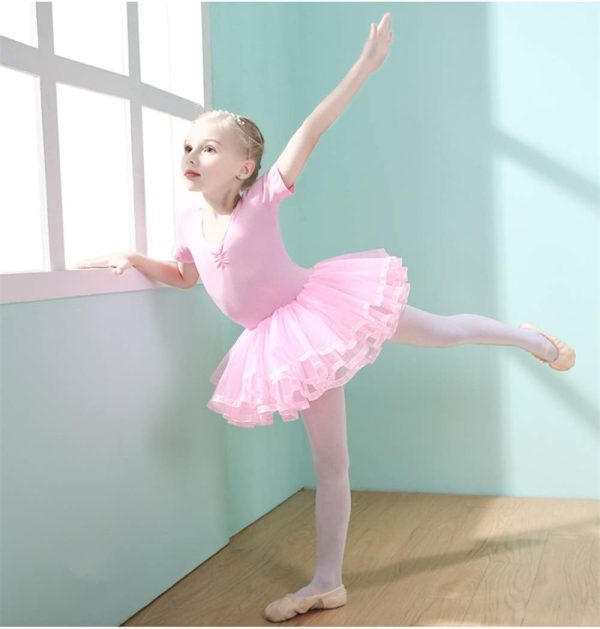 ⁦Girls Ballet Dress Tutu Slim Dance Leotards Dress Short Sleeve Dress (6-7 Years Old)⁩ - الصورة ⁦7⁩
