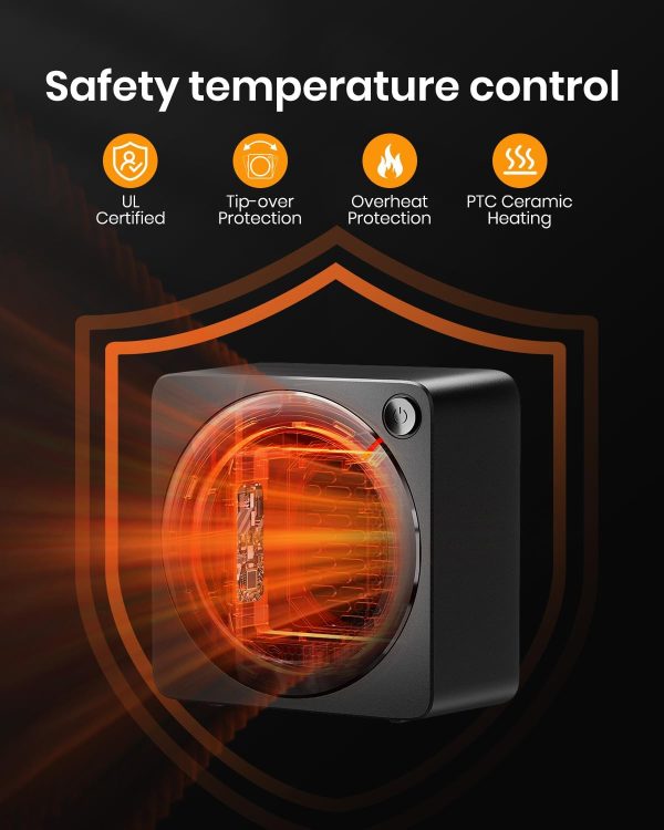 ⁦Gaiatop Mini Space Heater, Lightweight PTC Ceramic Fast Heating 500W Energy Efficient for Indoor Use, Overheating & 45° Tip-Over Protection, Portable Desk Electric Heaters for Office Home Black⁩ - الصورة ⁦6⁩