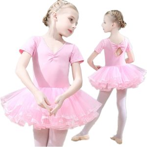 Girls Ballet Dress Tutu Slim Dance Leotards Dress Short Sleeve Dress (6-7 Years Old)
