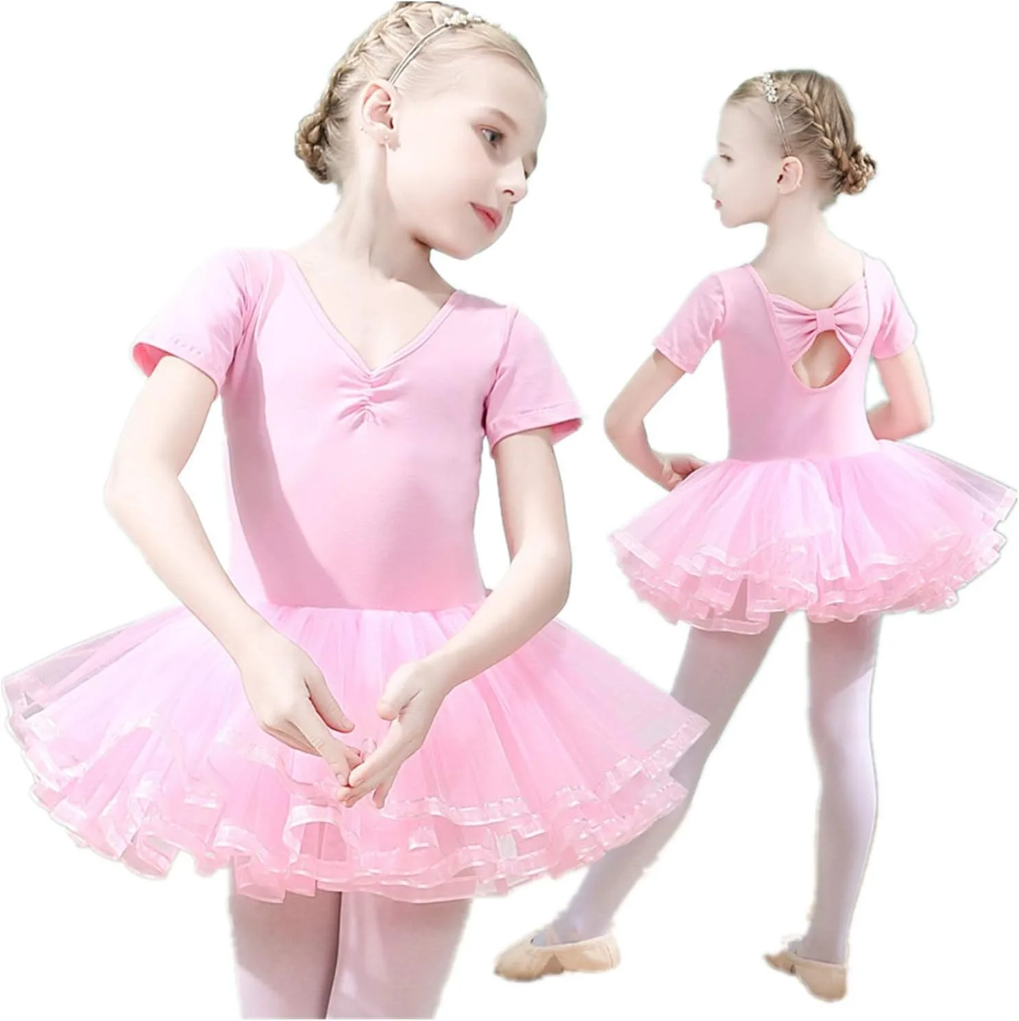 Girls Ballet Dress Tutu Slim Dance Leotards Dress Short Sleeve Dress (6-7 Years Old)