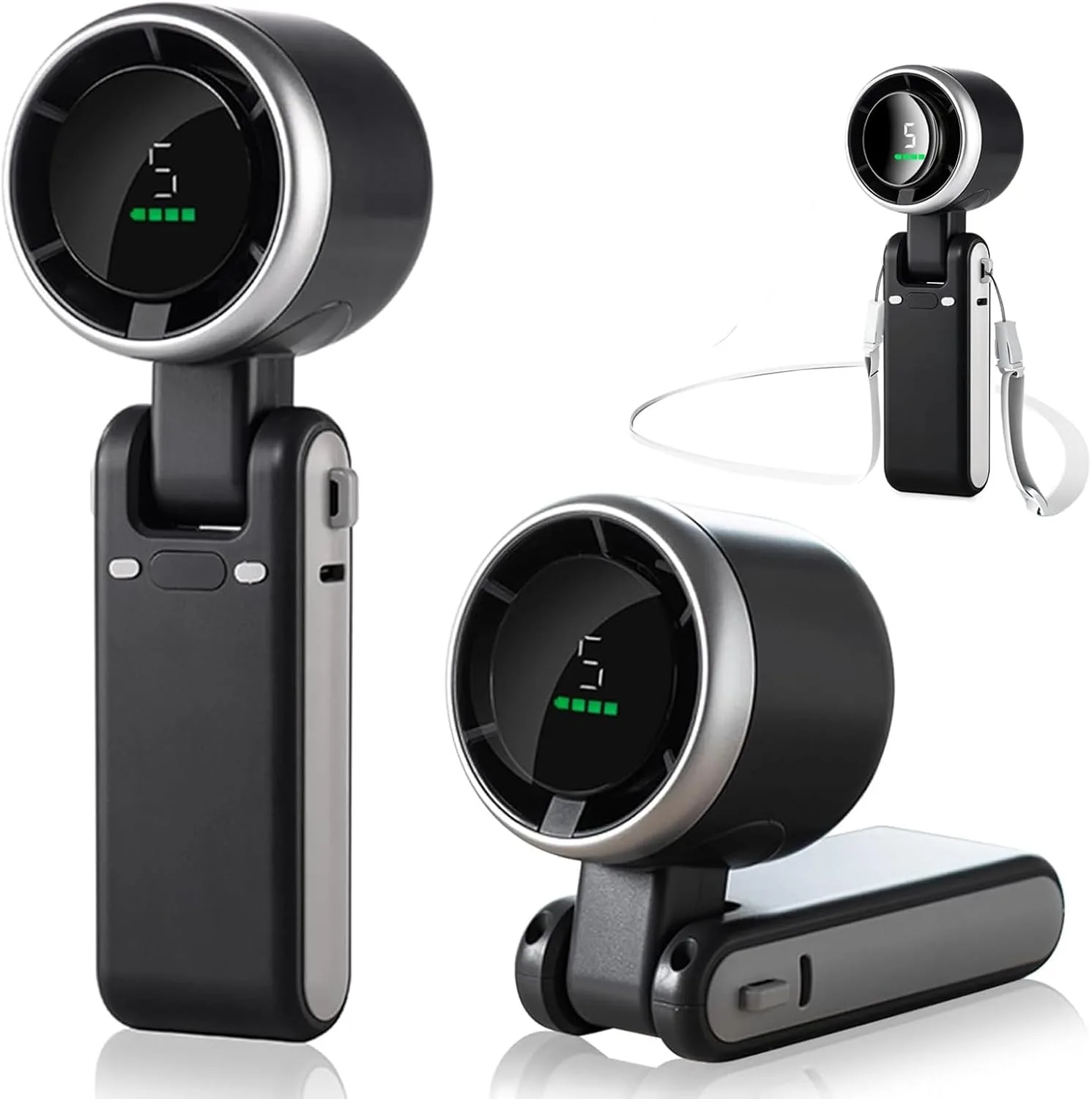 FOTN Portable Handheld Mini Turbo Fan(12H Standby), USB Rechargeable Travel Desk/Neck Fan with 5 Speeds, 3600mAh Battery & 13000RPM Speed, 3 IN 1 Foldable Personal Mini Fan for Travel/Home Black
