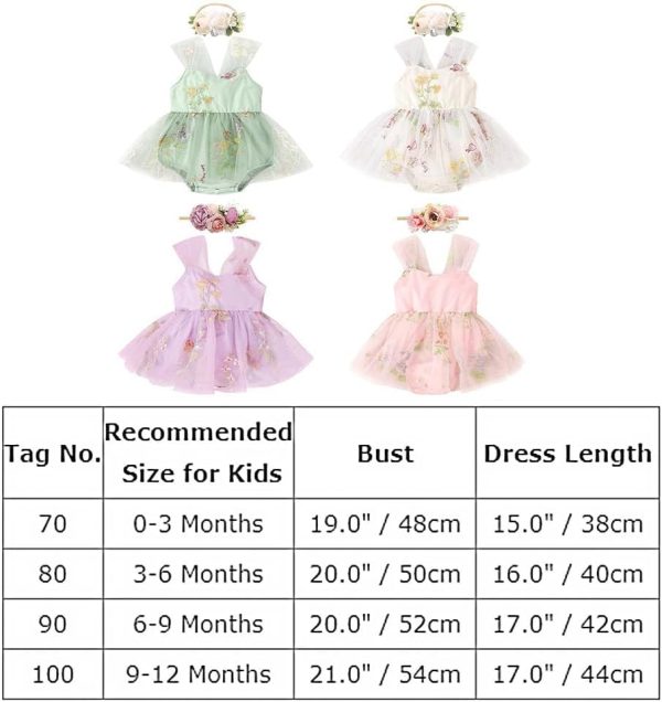 ⁦Azonee Dress Floral Lace Romper Set with Flower Headband, Embroidery Sleeveless Tulle Tutu Princess Back Bowknot Jumpsuit Toddler Kids Summer Clothes for Baby Girls 1st Birthday Party Outfit 90cm⁩ - الصورة ⁦7⁩