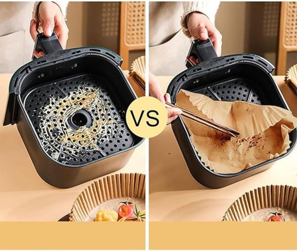 ⁦MIBRU Air Fryer Disposable Paper Liners 20x20cm, Non-Stick Air Fryer Liners, Greaseproof and Water-proof, Perfect for Food Basket, Cooking, BBQ, Baking in Microwave, Toaster Oven, Brown 100pcs⁩ - الصورة ⁦6⁩