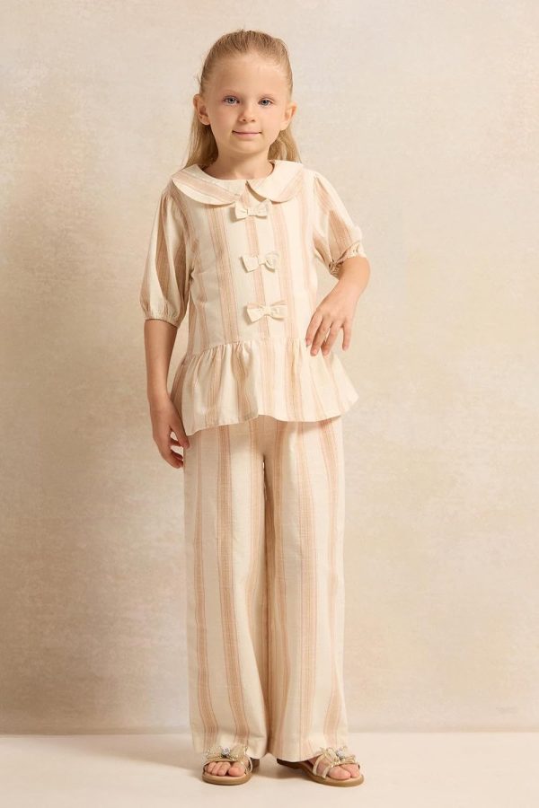 ⁦REDTAG Girls Beige Striped Wide Leg Trousers⁩ - الصورة ⁦3⁩