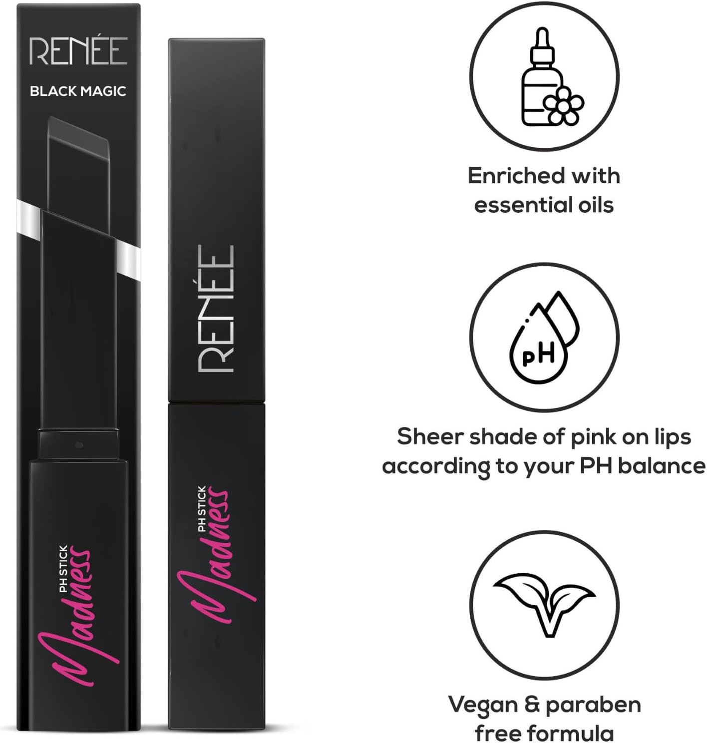 RENEE Madness PH Stick, 3g | Black lipstick that delivers pink hue, enriched with Vitamin E and Jojoba Oil 2 RENEE Madness PH Stick, 3g | Black lipstick that delivers pink hue, enriched with Vitamin E and Jojoba Oil - الصورة 2