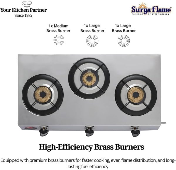 ⁦Surya Flame LPG Gas Stove 3 Burner Stainless steel Triplecook Cooktop With BIS Certified Doorstep Warranty 2 Years (Silver)⁩ - الصورة ⁦2⁩
