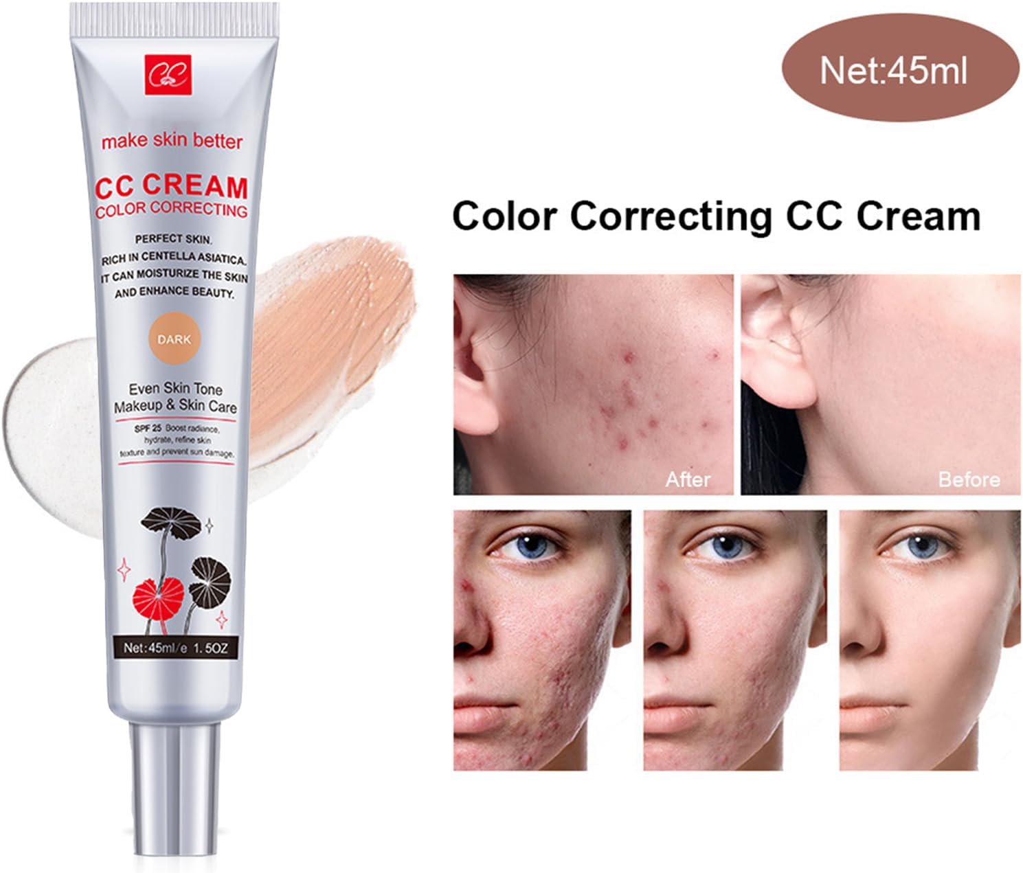 Lyaqbe Centella CC Cream,Color Correcting CC Cream,Concealer before Makeup to Brighten Skin Tone,Invisible Pores Concealer(Dark) 2 Lyaqbe Centella CC Cream,Color Correcting CC Cream,Concealer before Makeup to Brighten Skin Tone,Invisible Pores Concealer(Dark) - الصورة 2