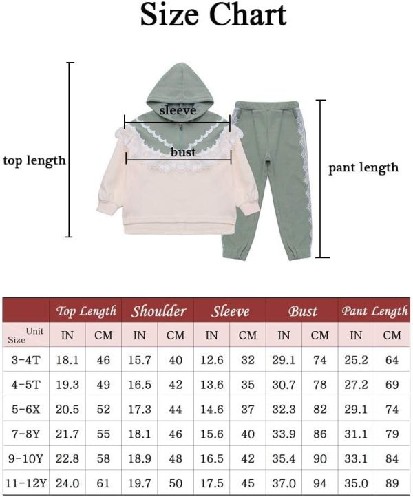 ⁦Girls 2 Pieces Sweatshirts,Lace Splicing Cotton Clothing Athletic Set,Long Sleeve Hooded Top and Ength Pants.(7-8 Years/Gray Green)⁩ - الصورة ⁦5⁩