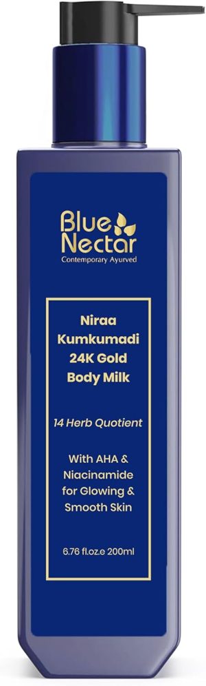 Blue Nectar 24K Carat Gold Body Milk for Women & Men | with Plant Based AHA & Niacinamide | Moisturizer for Body | All Skin Types (14 Herbs, 200ml)