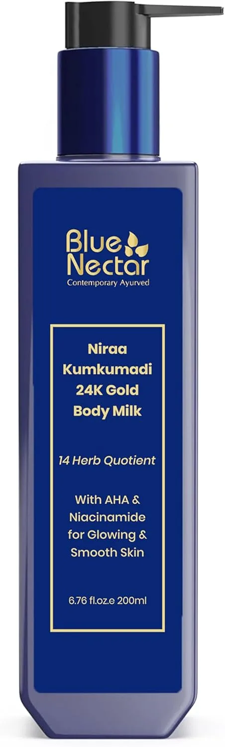 Blue Nectar 24K Carat Gold Body Milk for Women & Men | with Plant Based AHA & Niacinamide | Moisturizer for Body | All Skin Types (14 Herbs, 200ml)