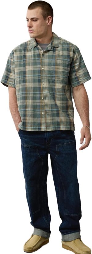 American Eagle Men Plaid Button-Up Poolside Shirt