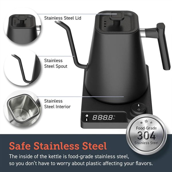 ⁦Gooseneck Eletrric Kettle V60 Coffee Kettle 900ML Coffee Pot 1200W Power Knob Intelligent Temperature Adjustment with Digital Display Temperature Automatic Insulation Stainless Steel Material Suitable⁩ - الصورة ⁦4⁩