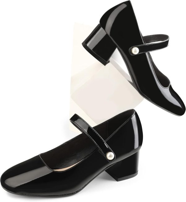 ⁦Naiyee Mary Jane Shoes Women Low Chunky Heels Dress Shoes Closed Round Toe Office Work Wedding Pumps with Velcro Ankle Strap⁩ - الصورة ⁦7⁩