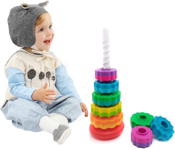 ⁦Paporich Baby Spin Stack Toy, Premium Stacking Toy for Kids, Baby Spinning Toy, Stacking Toy, Educational Toddler Learning Toys, Autism Spin Stack Toys, Rainbow Spinning Wheel Toys for Babies and Todd⁩ - الصورة ⁦4⁩