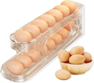 Tazweeq 1 Pack Egg Holder for Fridge, Automatically Rolling Egg Dispenser, Space-Saving Egg Organizer for Refrigerator, Plastic Egg Storage Container, Clear
