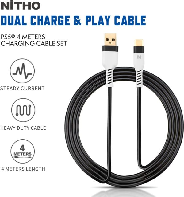 ⁦NiTHO Set Of 2 Charge and Play Cables Compatible with Playstation 5, Xbox Series X/S Controllers and Devices with Type C Interfaces, 4 Meters Extra Long Type-C Charger Cable (2 Cables, White)⁩ - الصورة ⁦2⁩