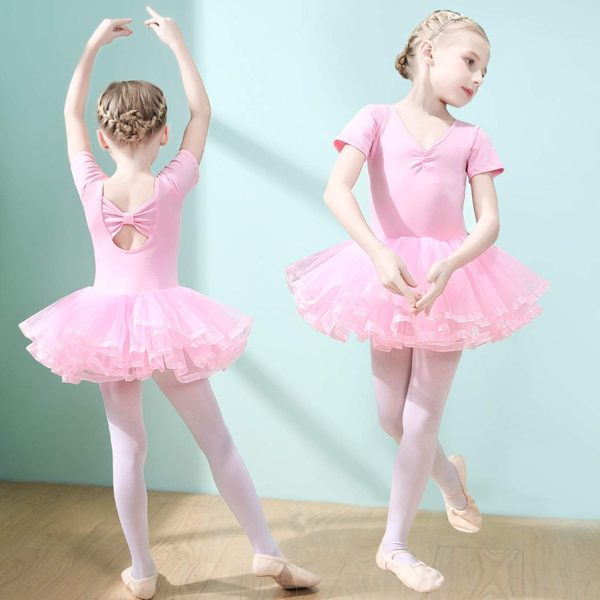 ⁦Girls Ballet Dress Tutu Slim Dance Leotards Dress Short Sleeve Dress (6-7 Years Old)⁩ - الصورة ⁦3⁩