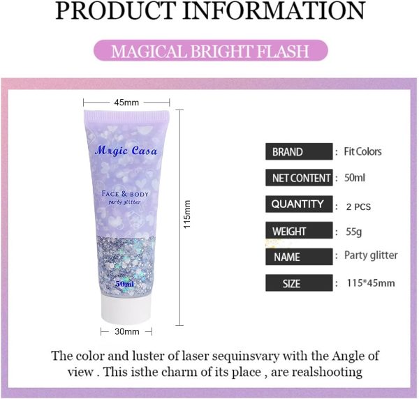 ⁦Aerbee Body Face Glitter Gel, 2 PCS Sparkling Body Glitter Gel Makeup for Face Nail Eye Lip Hair, Beautiful Shining Cosmetic Eyeshadow Glitter for Festival Party Art DIY⁩ - الصورة ⁦4⁩