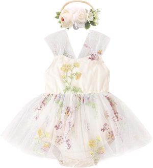 Azonee Dress Floral Lace Romper Set with Flower Headband, Embroidery Sleeveless Tulle Tutu Princess Back Bowknot Jumpsuit Toddler Kids Summer Clothes for Baby Girls 1st Birthday Party Outfit 90cm