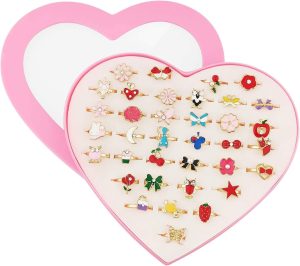 CHANEDE 36Pcs Little Girl Adjustable Rings in Heart Shape Box, Ring for Girls Princess Pretend Jewelry Rings Girls Dress Up Play Toys for Girl Pretend Play and Dress Up