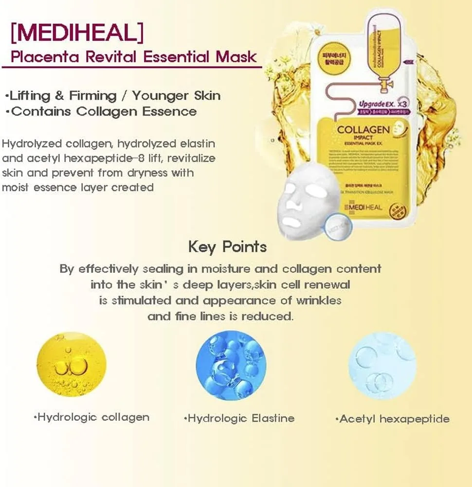 Mediheal Sheet Mask Bundle N.M.F Aquaring Ampoule + Collagen Impact + Teatree Care + E.G.T Timetox Ampoule EX + W.H.P White Hydrating Black EX, 2pcs Each, 5 Different Masks, Totally 10 Sheets