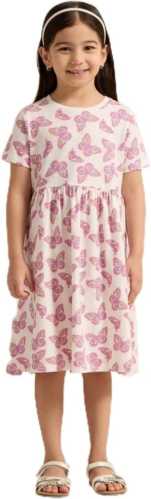 REDTAG Girls White Butterfly Allover Print Dress