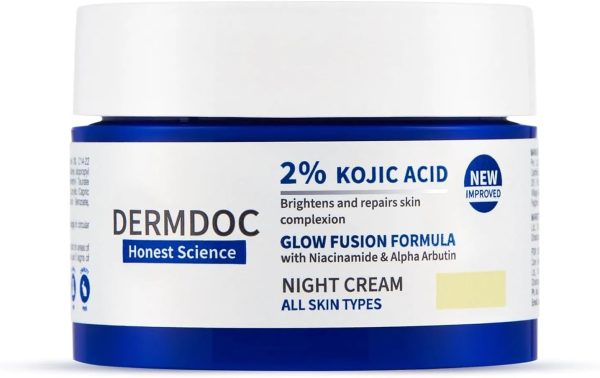 DERMDOC 2% Kojic Acid Glow Fusion Formula Night Cream with Niacinamide & Alpha Arbutin for Skin Brightening (50 gm) | Face Cream I Night Cream I Kojic Acid Brightening Cream I Glowing Skin