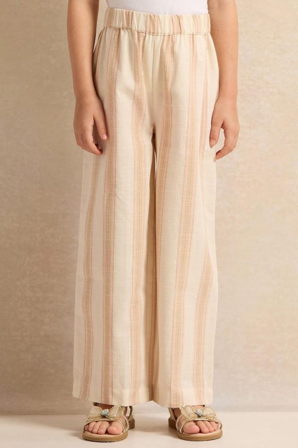 ⁦REDTAG Girls Beige Striped Wide Leg Trousers⁩ - الصورة ⁦2⁩