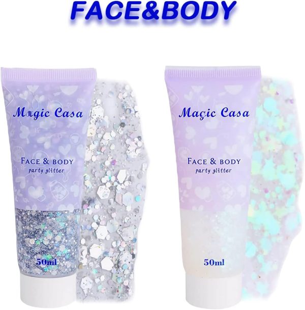 ⁦Aerbee Body Face Glitter Gel, 2 PCS Sparkling Body Glitter Gel Makeup for Face Nail Eye Lip Hair, Beautiful Shining Cosmetic Eyeshadow Glitter for Festival Party Art DIY⁩ - الصورة ⁦7⁩