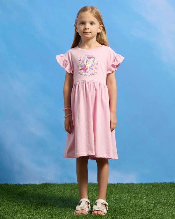⁦REDTAG Girls Pink Unicorn Printed Dress⁩ - الصورة ⁦3⁩